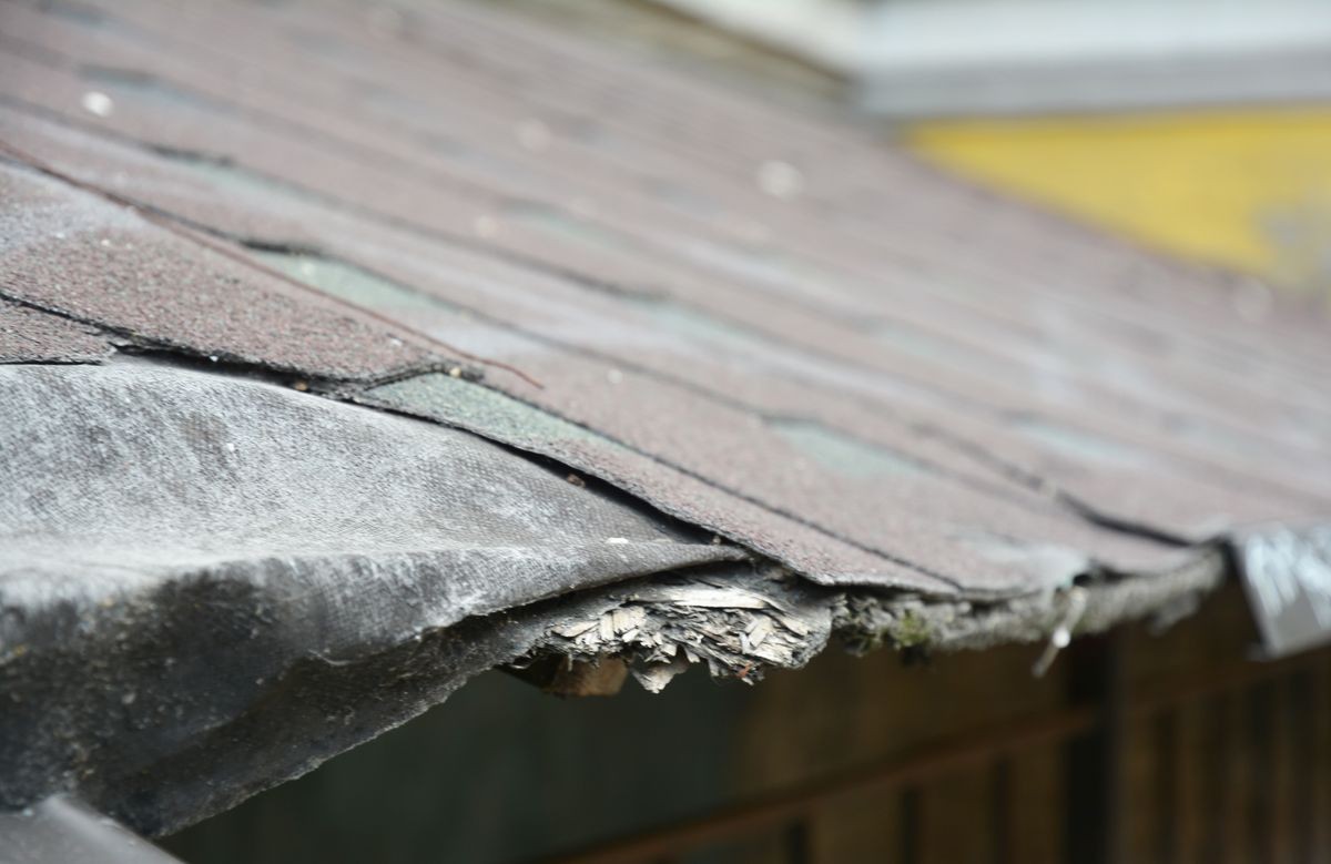 Asphalt shingles damage. Fixing damaged roof shingles.